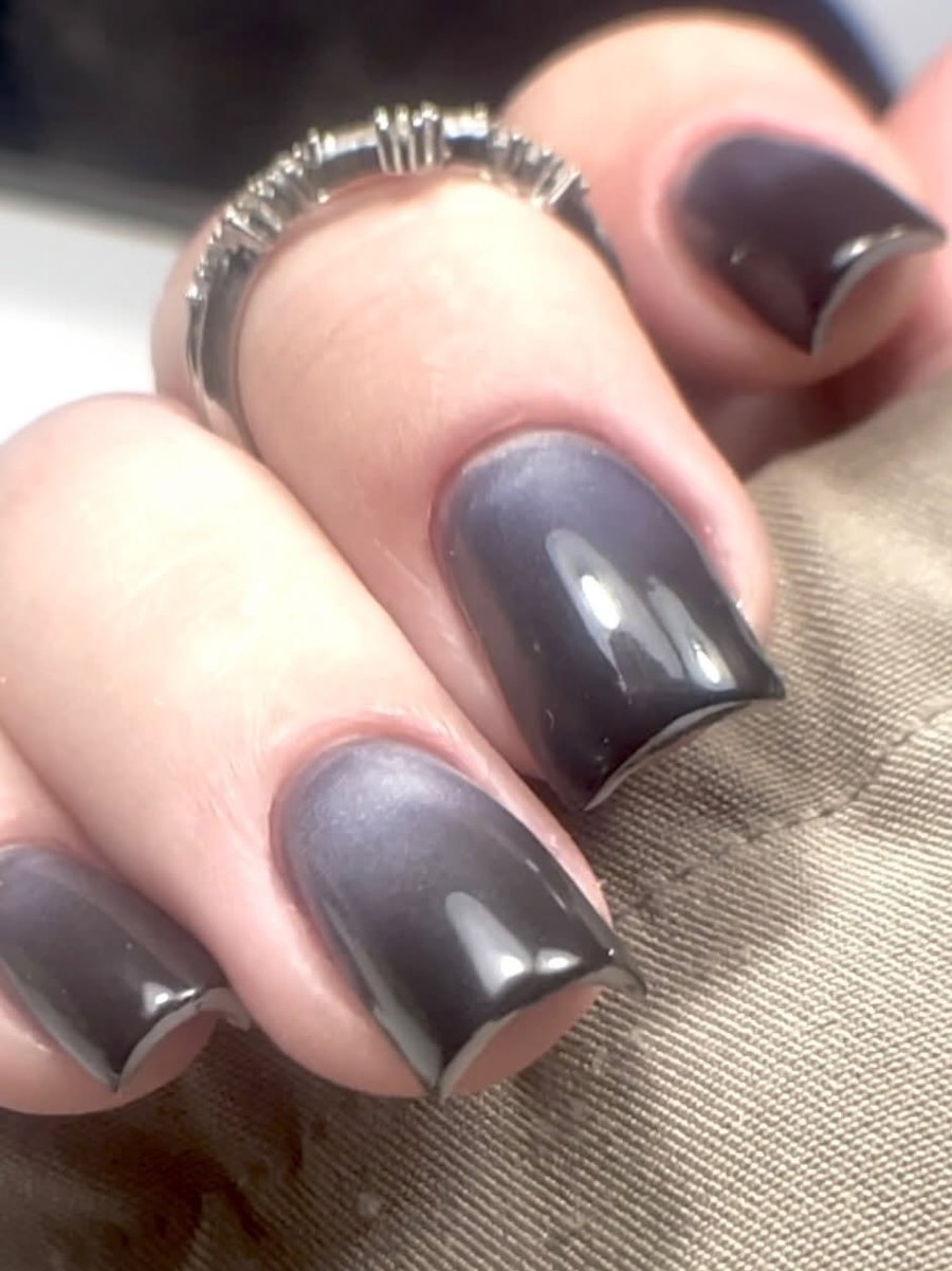 Short square nails in glossy smoky charcoal grey
